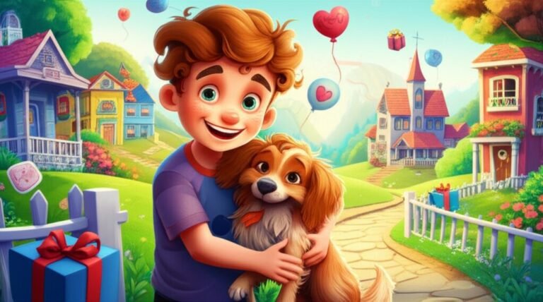 História Infantil: Uma ilustração colorida mostrando um menino e seu cachorro em uma vila, simbolizando a caridade e a ajuda ao próximo para um orfanato no alto da montanha.