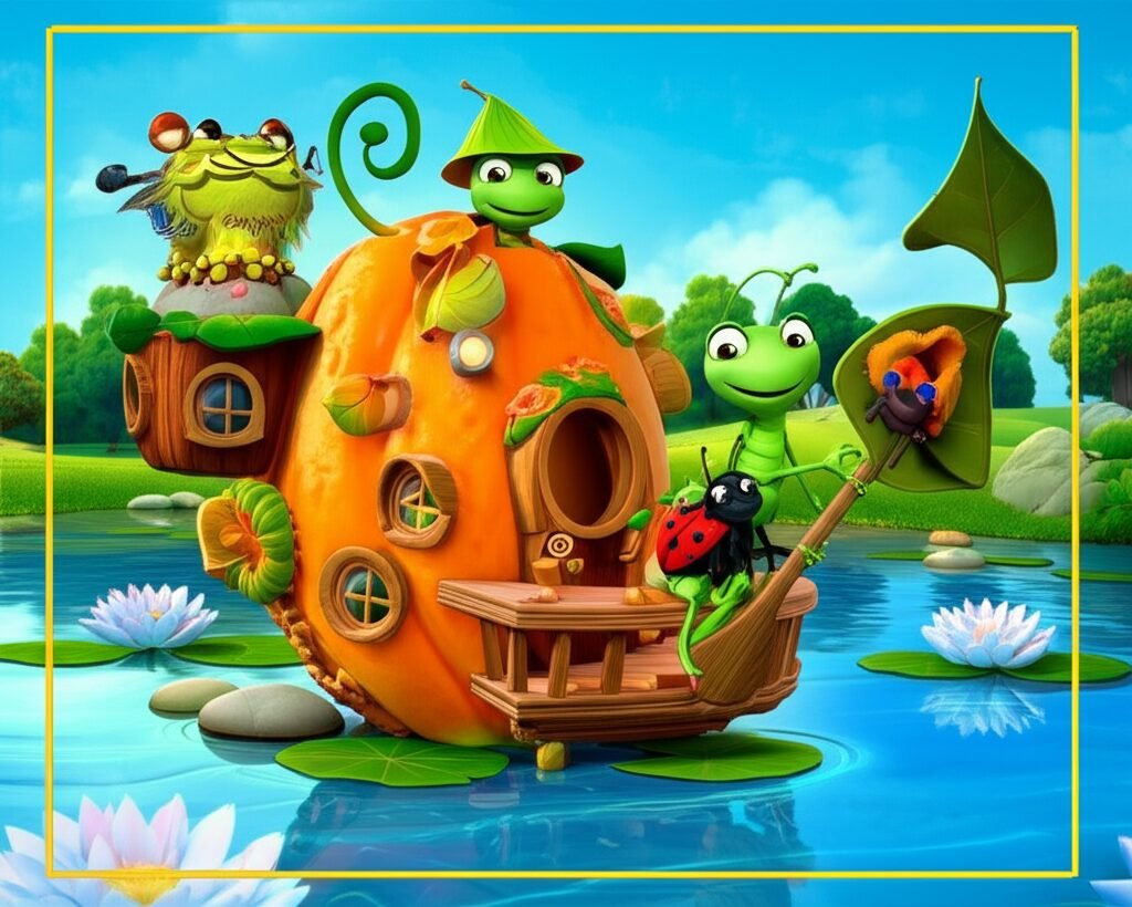 Imagem da História Infantil sobre Casa: A Aventura do Grilo Teodoro e a Casa Flutuante, mostrando o grilo Teodoro, a joaninha Olívia e o Professor Sabichão em sua casa flutuante no lago.