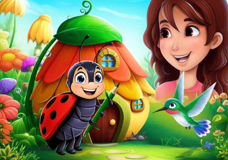 História Infantil: Ilustração colorida de uma joaninha arquiteta e um beija-flor construindo uma casinha feita de pétalas e orvalho em um jardim, com uma menina observando, simbolizando a amizade e o trabalho em equipe.