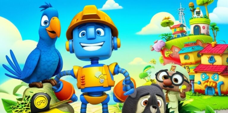 História Infantil sobre Casa: Imagem colorida mostrando um robô, uma arara e um tatu construindo uma casa em uma ilha flutuante, ilustrando a aventura e a amizade.