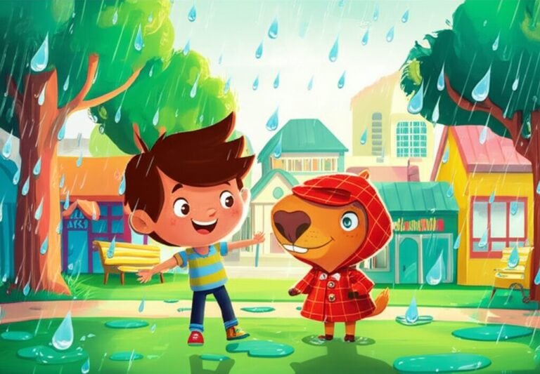 História Infantil sobre o Enigma da Gota Saltitante, ilustrando o menino Léo e a capivara Pipoca sob uma chuva de gotas brilhantes e saltitantes em uma cidade vibrante, transmitindo alegria e curiosidade.