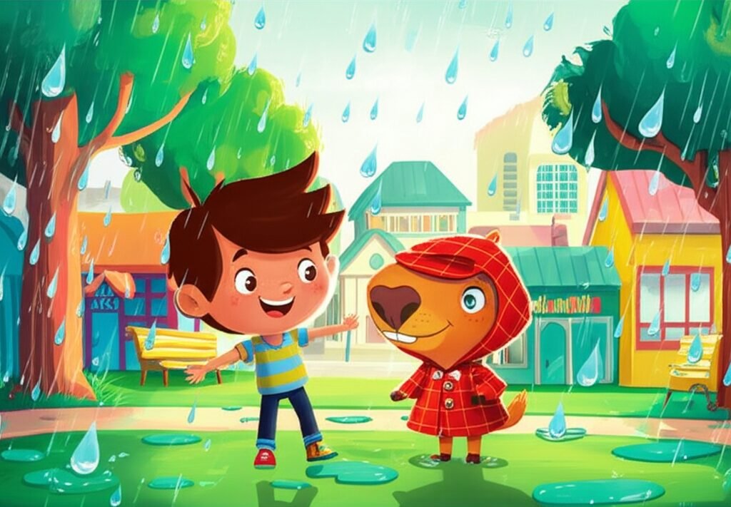 História Infantil sobre o Enigma da Gota Saltitante, ilustrando o menino Léo e a capivara Pipoca sob uma chuva de gotas brilhantes e saltitantes em uma cidade vibrante, transmitindo alegria e curiosidade.