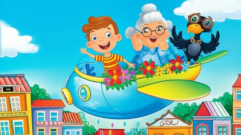História Infantil sobre a chuva, com menino Júlio observando a chuva colorida e Dona Rosa com Trovão na Nave Nuvem.