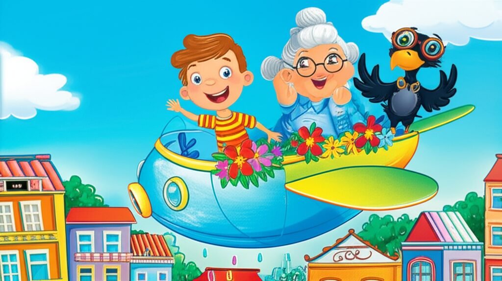 História Infantil sobre a chuva, com menino Júlio observando a chuva colorida e Dona Rosa com Trovão na Nave Nuvem.