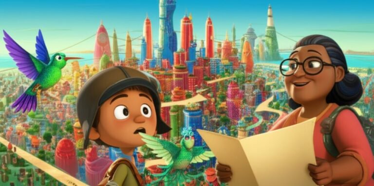 História Infantil sobre Cidades: O Brilho Escondido de Urbis Luminosa. Imagem de um menino, um beija-flor e uma mulher em uma cidade colorida e futurista, simbolizando a aventura da História Infantil e o valor do cuidado com o ambiente urbano.