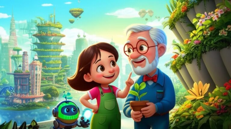 História Infantil sobre Cidades: Uma ilustração vibrante mostrando Júlia, Dr. Eliseu e o robô Faísca em uma cidade futurista com jardins verticais e flutuantes, simbolizando a esperança e o cuidado com o meio ambiente.