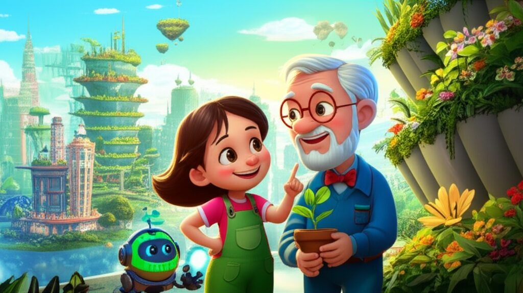 História Infantil sobre Cidades: Uma ilustração vibrante mostrando Júlia, Dr. Eliseu e o robô Faísca em uma cidade futurista com jardins verticais e flutuantes, simbolizando a esperança e o cuidado com o meio ambiente.