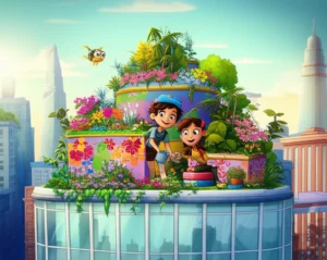 História Infantil sobre Cidades: Uma imagem colorida de Léo, o drone Arquimedes e Cora no jardim suspenso de Metrópolis Gentil, mostrando a transformação urbana e a colaboração.