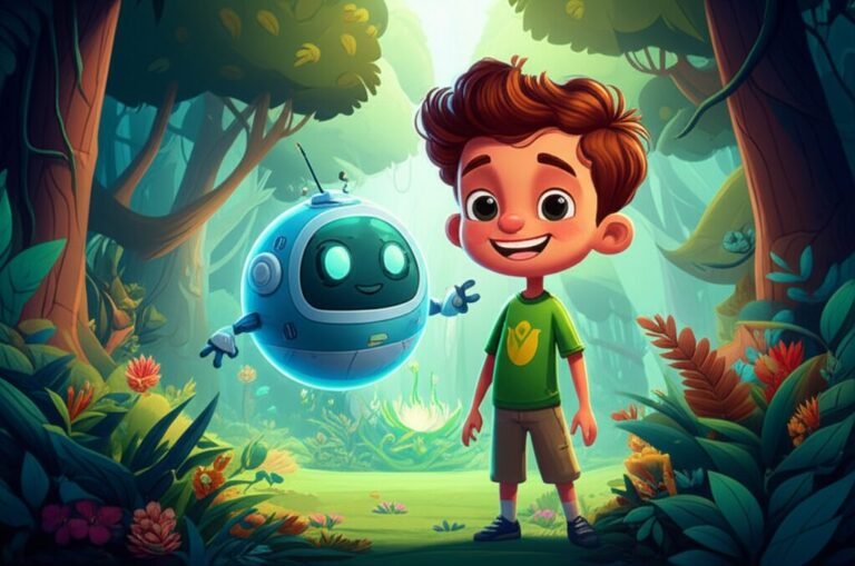 História Infantil sobre Ciência: Léo, um menino curioso, e Aura, um robô observador, exploram uma floresta exuberante e descobrem uma planta misteriosa que brilha, simbolizando a aventura e a descoberta científica.