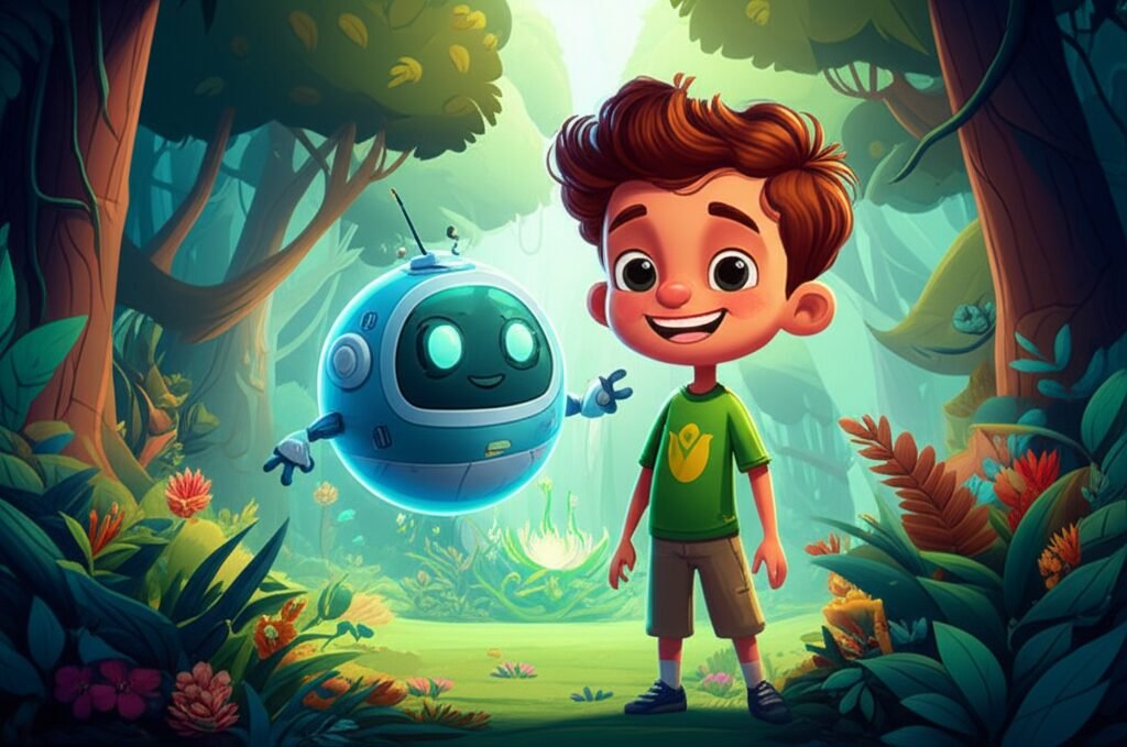 História Infantil sobre Ciência: Léo, um menino curioso, e Aura, um robô observador, exploram uma floresta exuberante e descobrem uma planta misteriosa que brilha, simbolizando a aventura e a descoberta científica.