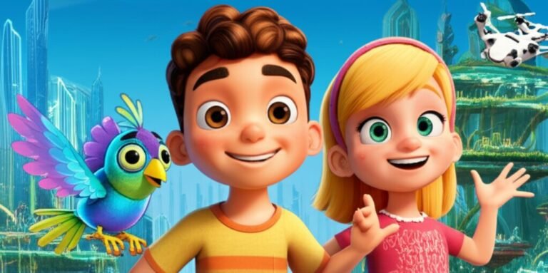 História Infantil sobre Ciumes: Ilustração vibrante de Lucas, Nina, Sparky e Ágil trabalhando juntos em um projeto de invenção na Cidade Cristalina, destacando a amizade e a colaboração.