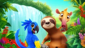 História Infantil O Segredo da Cachoeira Cintilante: Jorginho o tamanduá, Lia a arara, e Zeca o bicho-preguiça em uma aventura na Floresta Sussurrante, aprendendo sobre amizade e ciúmes.