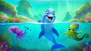 História Infantil sobre ciúmes. Ilustração de Kiko, um golfinho azul, e Lulu, uma lula colorida, nadando juntos no Lago Azul, simbolizando amizade e a superação do ciúmes.