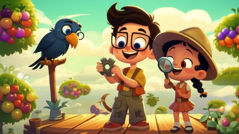 História Infantil: Uma imagem alegre e colorida da Fazenda Flutuante Estrelinha, com Zeca o inventor e Cora a geóloga mirim, observando as plantas. O Professor Sabichão, um corvo de óculos, os acompanha. Reflete a aventura da colheita e a união dos amigos.