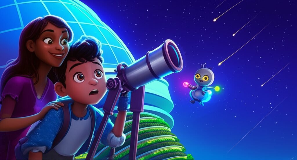 História Infantil sobre confiança: um menino e uma mulher em um observatório no topo de uma fazenda vertical, com um drone voando por perto, olhando para um céu noturno estrelado com meteoros.