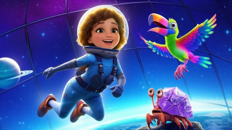 História Infantil: Ilustração de Júlia, Pipoca e Rocha no espaço, um cenário divertido e inspirador que celebra a confiança e a amizade em uma aventura cósmica.