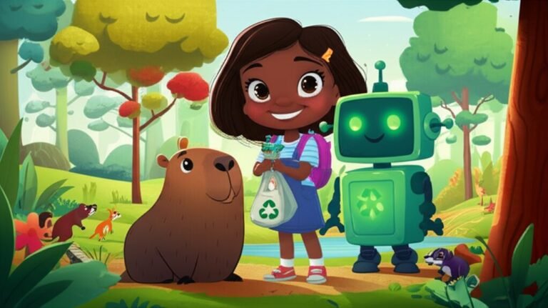 História Infantil: Ilustração de Luna, a Capivara Juca e o Robô Faísca em um parque ecológico limpo e vibrante, simbolizando a importância da consciência ambiental e do trabalho em equipe para proteger a natureza.