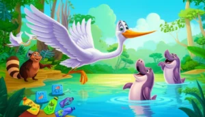 Uma vibrante ilustração infantil da História Infantil O Segredo Luminoso do Rio Cristalino, apresentando uma garça, um boto-cor-de-rosa e uma tamanduá-bandeira em um rio limpo, simbolizando a consciência ambiental.