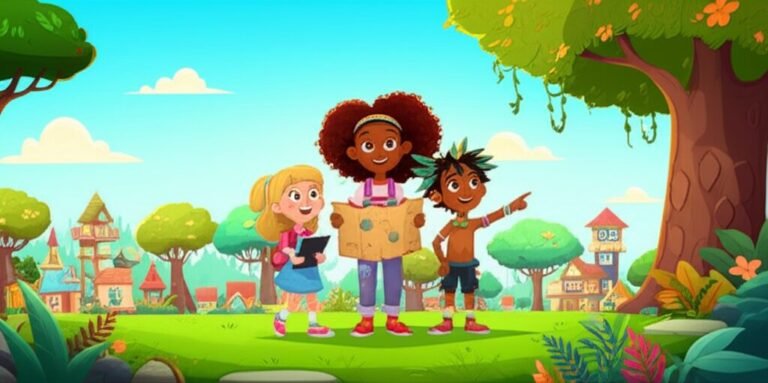 História Infantil sobre Consciência Negra: Ilustração de Lívia, Kaique e Sofia explorando uma vila colorida sob o sol, representando a busca por conhecimento e herança cultural. A imagem captura a essência da História Infantil sobre o Tesouro Luminoso da Vila do Sol.