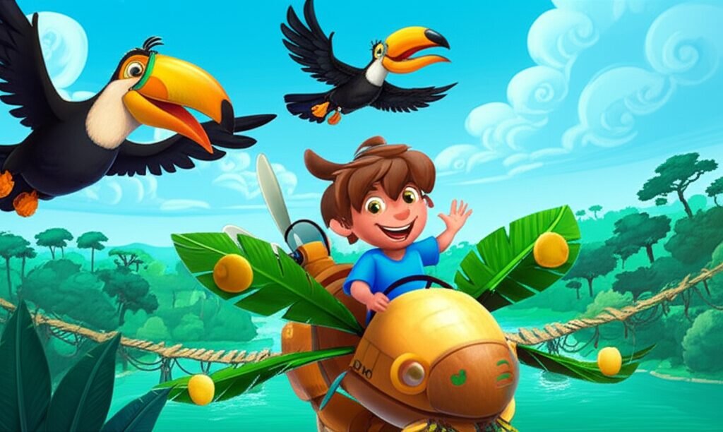 História Infantil sobre a Máquina Voadora de Olavo e a Ponte dos Tucanos. A imagem mostra Olavo em sua invenção aérea ao lado dos tucanos, celebrando a construção de uma ponte na Amazônia.