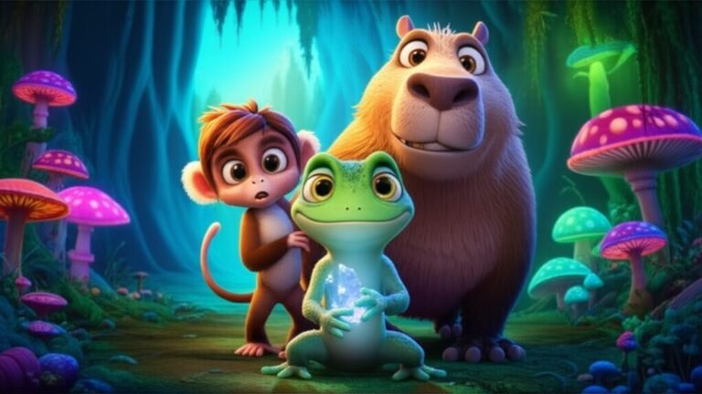 História Infantil sobre a coragem da salamandra Joca, a macaco-prego Lila e a capivara Zeca no Bosque das Luzes Cintilantes, com o lumicristal brilhando.