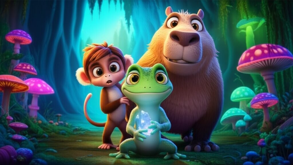 História Infantil sobre a coragem da salamandra Joca, a macaco-prego Lila e a capivara Zeca no Bosque das Luzes Cintilantes, com o lumicristal brilhando.