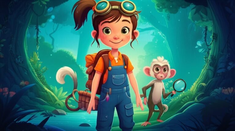 História Infantil A imagem mostra Marina, uma jovem inventora, e seu amigo macaco-prego Joca em uma floresta brilhante à noite, ilustrando a aventura e coragem da história O Segredo do Relógio Estelar de Marina.