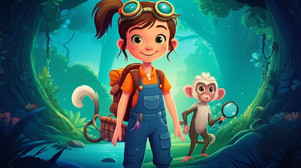 História Infantil A imagem mostra Marina, uma jovem inventora, e seu amigo macaco-prego Joca em uma floresta brilhante à noite, ilustrando a aventura e coragem da história O Segredo do Relógio Estelar de Marina.