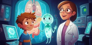 História Infantil sobre o Corpo Humano: A Incrível Viagem ao Microcosmo de Nós Mesmos. Imagem mostra um menino e uma cientista em um laboratório futurista, observando uma representação colorida e detalhada do corpo humano em uma tela, com uma pequena célula flutuante.