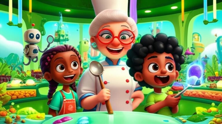 História Infantil sobre Cozinhar: Ilustração de Professora Sofia, Leo e Mia em um laboratório de culinária futurista, rodeados por ingredientes coloridos, representando a criatividade na cozinha.