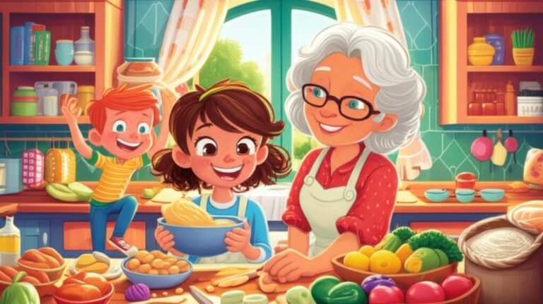 História Infantil sobre cozinhar: Ilustração de Mariana, Vovó Aurora e Léo na cozinha, preparando a Torta de Sol para o festival, cheia de cores vibrantes e um ambiente acolhedor.