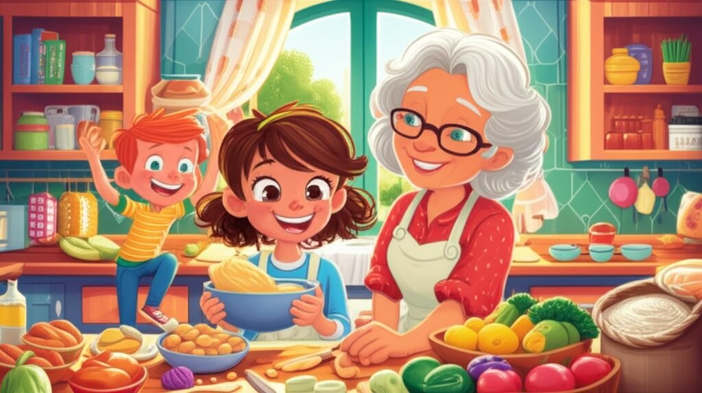 História Infantil sobre cozinhar: Ilustração de Mariana, Vovó Aurora e Léo na cozinha, preparando a Torta de Sol para o festival, cheia de cores vibrantes e um ambiente acolhedor.