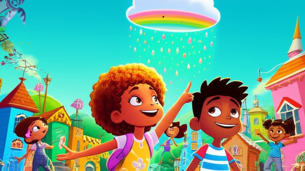 Uma ilustração da História Infantil sobre Criatividade: A Máquina de Ideias Voadoras de Duda, com Duda e Nilo sorrindo e observando uma nuvem colorida flutuando no céu do Bairro das Invenções.