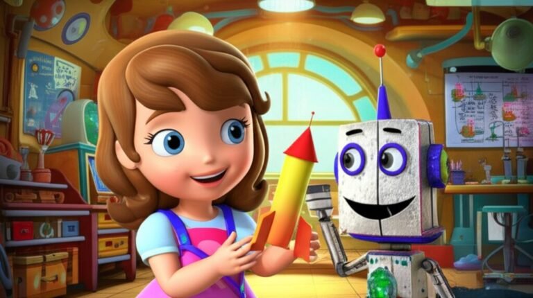 História Infantil: A imagem mostra Sofia e Tico, o robô, na oficina do Professor Sabichão, com um foguete de papel que simboliza a inovação e a capacidade de criar, representando a criatividade e aventura do título História Infantil sobre Criatividade: O Foguete de Papel da Sofia.