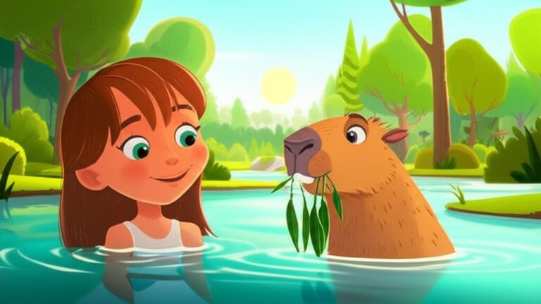 História Infantil sobre Cuidados com Animais de Estimação: A Aventura da Capivara Zeca e a Grande Descoberta de Clara. Imagem de Clara interagindo com uma capivara em um parque natural, simbolizando a importância de respeitar o habitat dos animais.