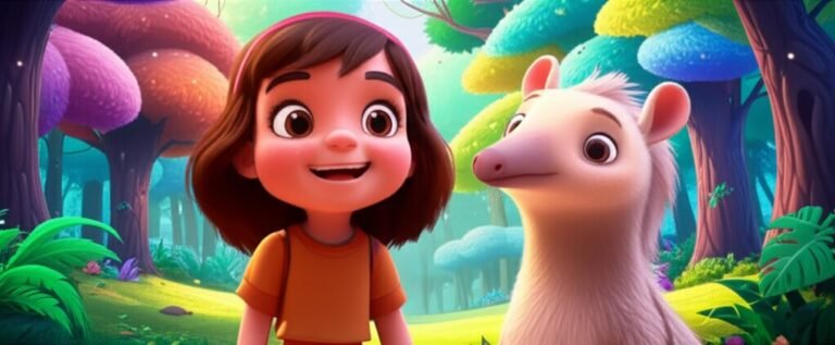 História Infantil sobre cuidados com a saúde mental: Ilustração de Sofia e Tami, a Tamanduá-bandeira, em um bosque colorido onde as folhas mudam de cor com as emoções. A imagem mostra a menina e o animal interagindo de forma amigável em um ambiente sereno e cheio de luz.