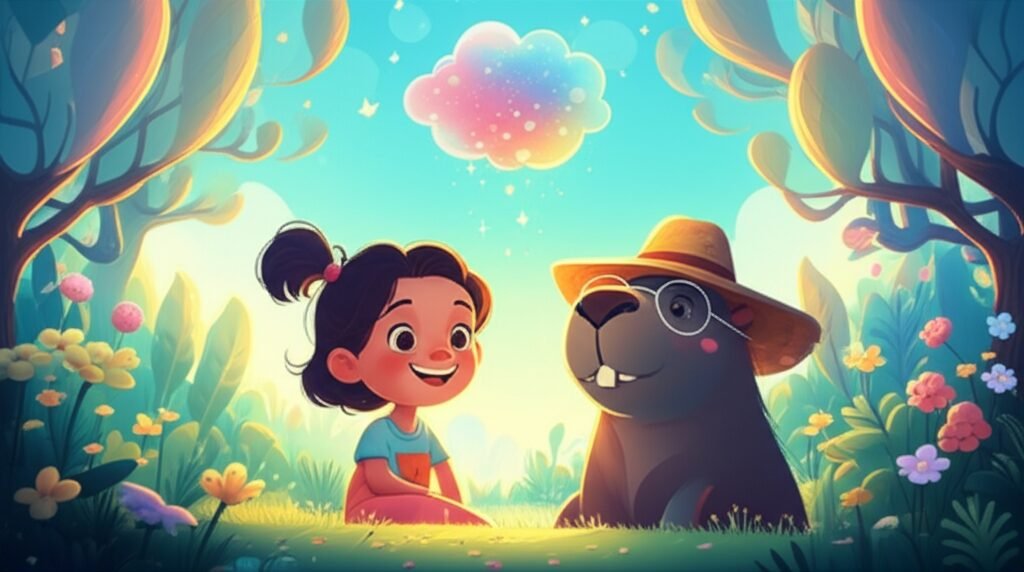 História Infantil: Ilustração vibrante de Liana, Seu João (capivara sábia) e Nuvem Dourada em um jardim etéreo de sentimentos, focando em cuidados com a saúde mental.