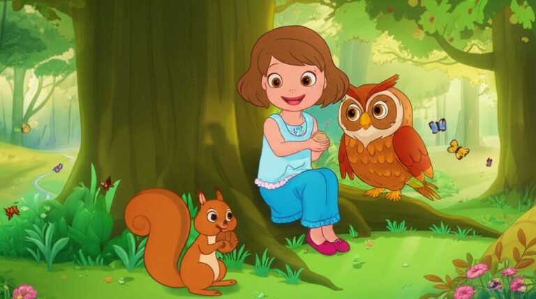 História Infantil O Segredo Sussurrante da Coruja Aurora. Uma menina, uma coruja e um esquilo em uma floresta serena.