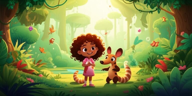 História Infantil sobre Desmatamento: Imagem colorida de Marina e Juca, o tamanduá-bandeira, na Floresta do Sussurro, simbolizando a união pela preservação ambiental.