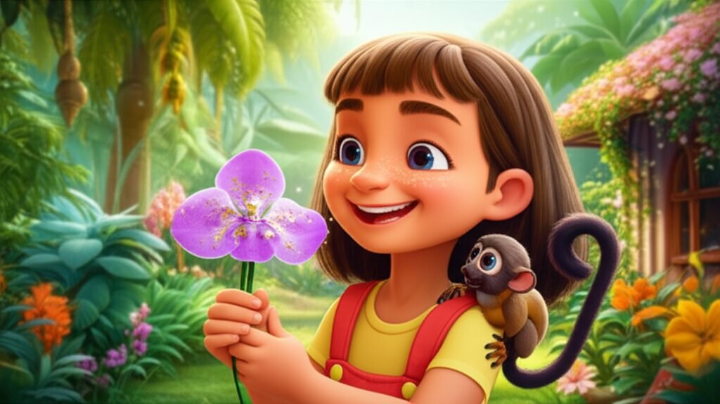 História Infantil sobre o Dia das Mães: Clara e Tico no Jardim Secreto de Dona Aurora, com uma orquídea lavanda em destaque. A imagem colorida representa a aventura e o carinho.