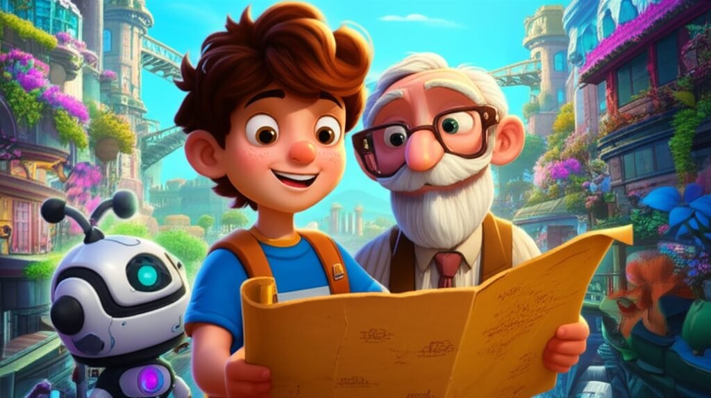 História Infantil: Ilustração de Leo, Pip e Professor Bóris em uma busca pelo Abraço Mais Quentinho do Mundo, destacando a emoção e a descoberta para o Dia dos Pais.