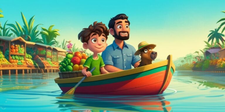 História Infantil: Ilustração vibrante de Lucas, João e Bira em um barco navegando pelo Mercado da Alegria, celebrando o amor paterno no Dia dos Pais.