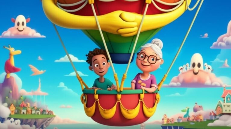 História Infantil ilustrando Léo e Dona Aurora em um balão de ar quente, guiando a Nuvem dos Sonhos de volta para Cidadela Celeste, no Dia dos Pais.