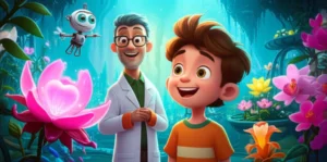 História Infantil sobre o Dia dos Pais, mostrando João, Professor Arthur e o drone Zíper com as Orquídeas Luminosas na Cidade Flutuante.