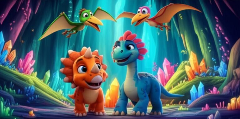 História Infantil sobre dinossauros: Dudu, o Protoceratops, a Professora Flora, a Brontossauro, e Binho, o Pterodáctilo, explorando uma caverna de cristais brilhantes no Vale Cintilante, com expressão de admiração e alegria.