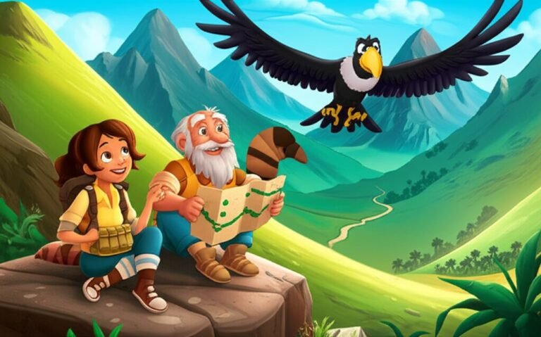 História Infantil sobre Direitos humanos: Ilustração colorida de Afonso o condor, Mariana a geóloga, e Leopoldo o tamanduá-bandeira, cooperando em um vale montanhoso.