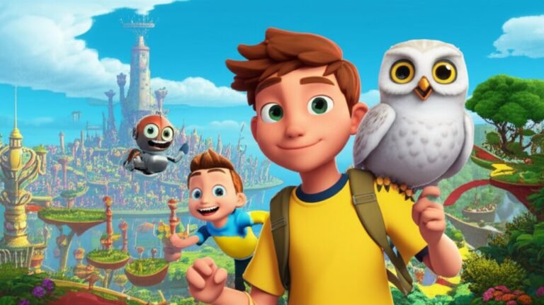 História Infantil O Segredo da Cidade Flutuante de Aura com Léo, a coruja Olívia e o robô Binho, voando sobre uma cidade futurista nas nuvens.