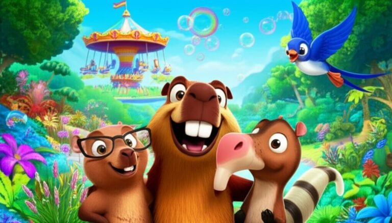 História Infantil sobre Diversão: Três amigos, Cadu a capivara, Lia a andorinha e Joca o tamanduá-bandeira, sorriem em um carrossel colorido no Vale das Cores Vibrantes.