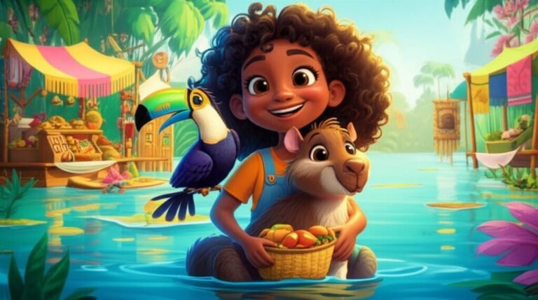 História Infantil sobre Diversidade Cultural: Imagem ilustrando Marina, Jurupari e Tainá em um mercado flutuante, explorando as cores e sabores da cultura brasileira, simbolizando amizade e o respeito pelas diferenças.