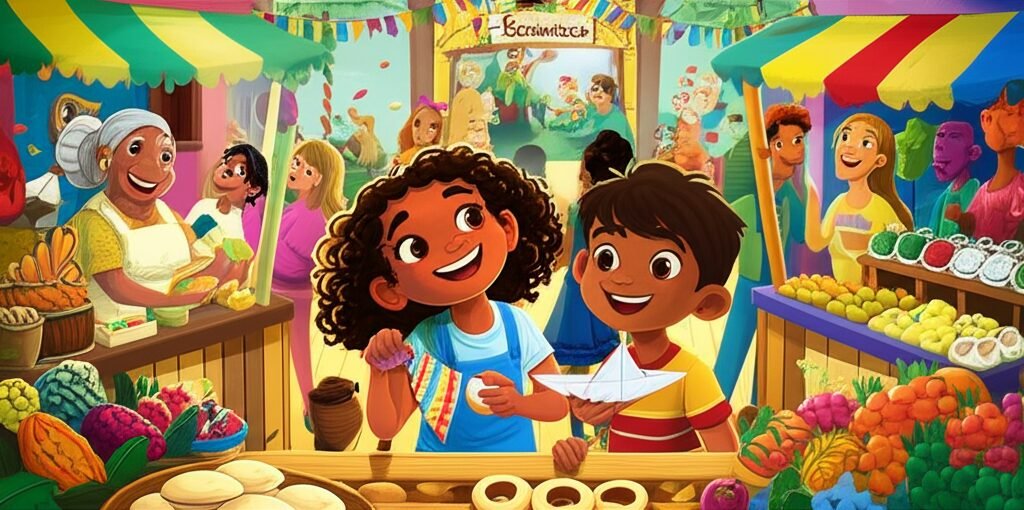 História Infantil sobre diversidade cultural no Mercado dos Encontros, com Isadora e Kaito celebrando a união de suas origens em uma ilustração alegre e colorida.